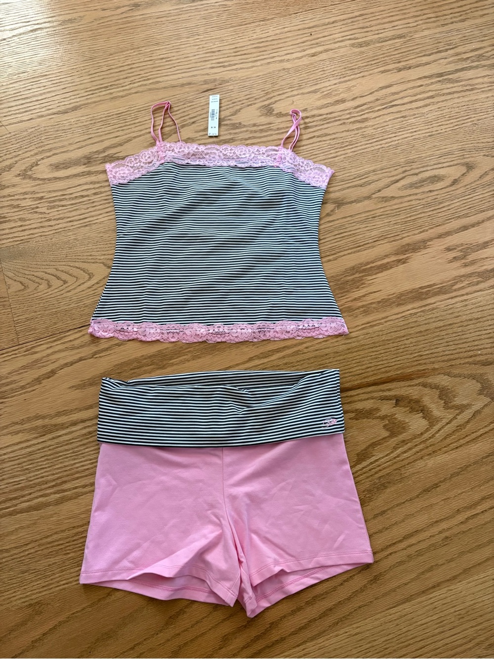 Frankie's Bikinis Pink & Black Striped Lace Cami Pajama Set